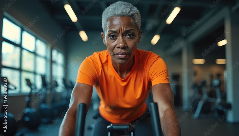 Fototapeta premium Mature woman with grey hair cycles intensely in a modern gym. She wears an orange shirt, focused on her workout. Other bikes are visible in the background.