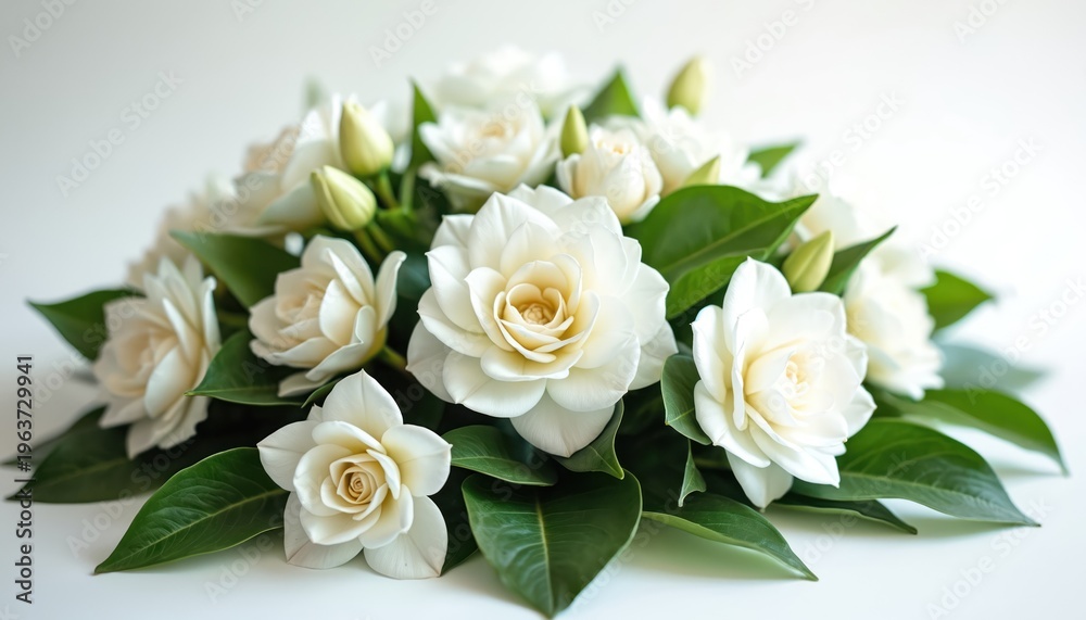 Obraz premium White gardenia flowers with green leaves arranged closely. Some buds are closed, while others bloom fully showing delicate petals. Clean background with soft lighting.