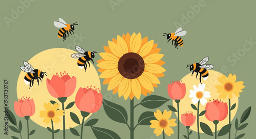 Bees hovering over honeycomb in cute pastel pollinator design