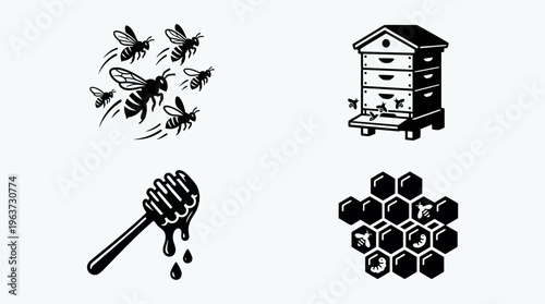 Beekeeping silhouette icon set with hive bee jar and smoker