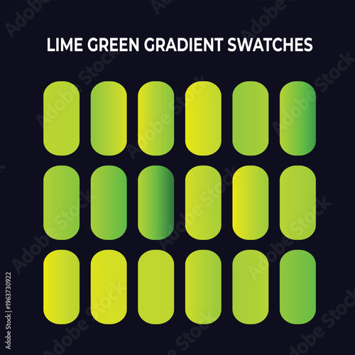 Lime green gradient swatches, collection of 18 vibrant neon color palettes, modern vector UI design elements on dark background