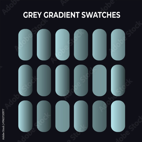 Grey gradient swatches collection, 18 professional metallic silver and charcoal color palettes, sleek monochromatic vector UI elements