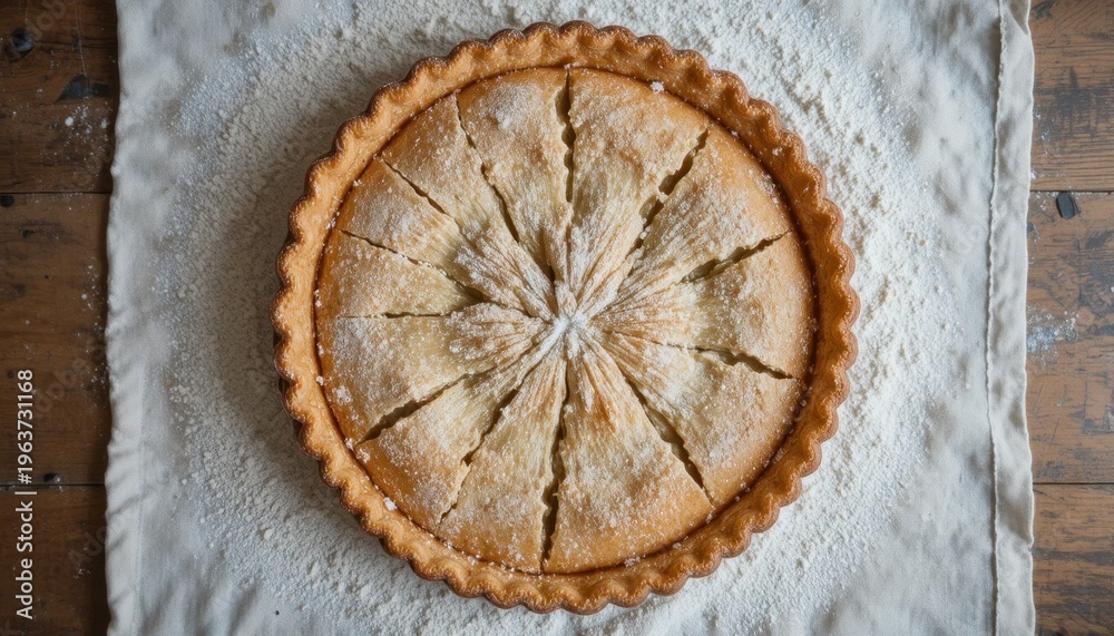 Fototapeta premium Delicious Homemade Pie Arranged Beautifully on a Rustic Wooden Table With Powdered Sugar Dusting