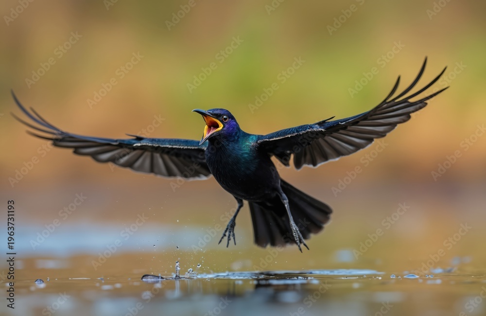 Naklejka premium Male boat tailed grackle bird flies with open mouth. Dark iridescent feathers gleam. Wings spread wide above water surface. Wetlands habitat background.