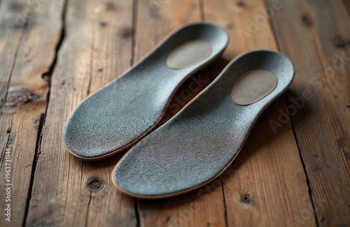 Pair of orthopedic insoles rest on rustic wood surface. Arch support inserts provide foot comfort and pain relief. Arch support inserts for shoe care.