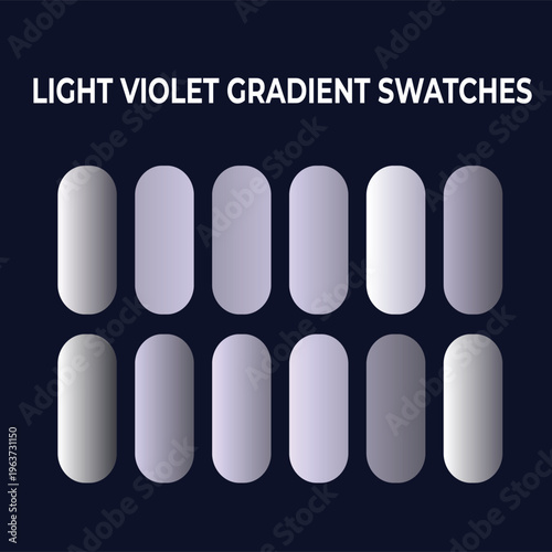Light violet gradient swatches, collection of 12 purple color palettes for graphic design, soft lavender and lilac vector elements on dark background