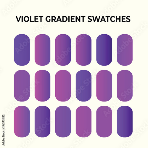 Violet gradient swatches, collection of 18 purple color palettes for graphic design, vibrant lavender and plum gradient set, modern vector UI elements