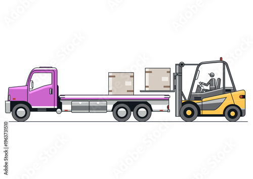 Forklift and medium truck in cartoon style. Side view. Vector.