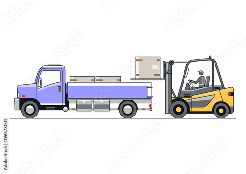 Forklift and medium truck in cartoon style. Side view. Vector.