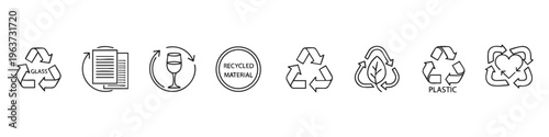 Set of eco-friendly recycling line icons, including symbols for glass, plastic, paper, and recycled materials for sustainable packaging design.