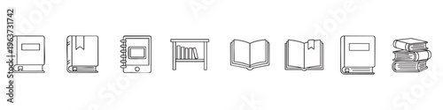 Educational and Reading Line Icon Set Featuring Open and Closed Books, a Bookshelf, and a Digital E-reader. Minimalist Vector Doodle Illustrations for Learning and Literature Projects.