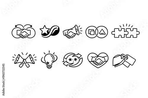 Collection of business and collaboration icons representing partnership, ideas, and success