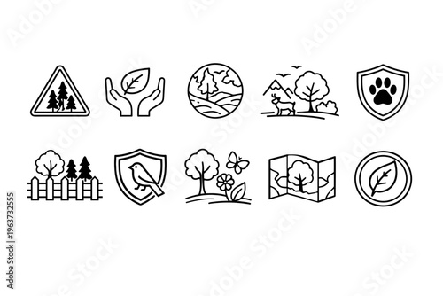Collection of nature and conservation icons representing wildlife, trees, and environmental protection