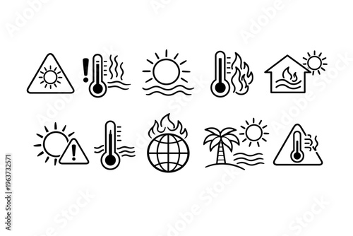Collection of icons representing heat warnings, global warming, and extreme weather conditions