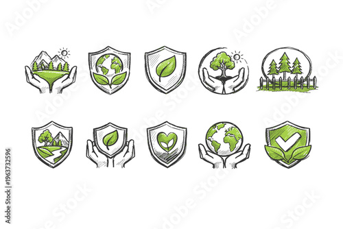 Collection of hand-drawn icons representing environmental protection and nature conservation efforts