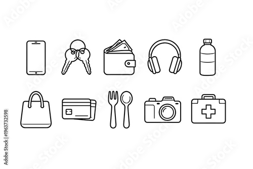 Collection of everyday essential items and accessories depicted as simple line art icons