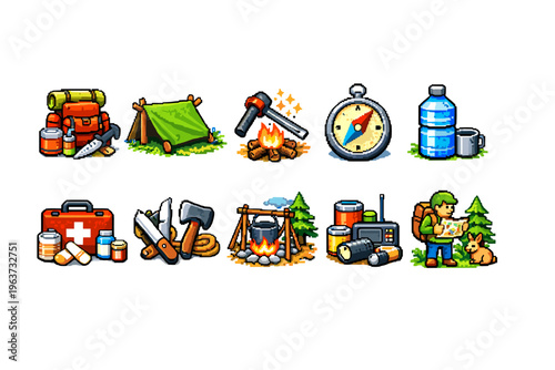 Pixel art icons for camping and outdoor adventure essentials