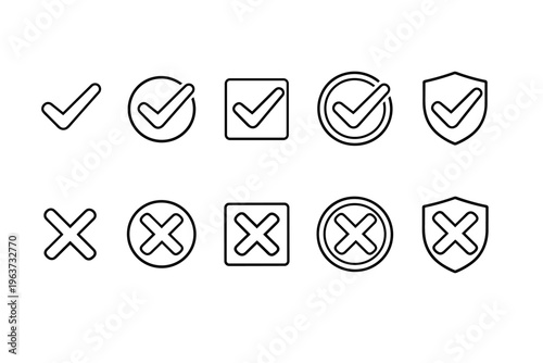 Collection of checkmark and cross icons in various shapes and styles