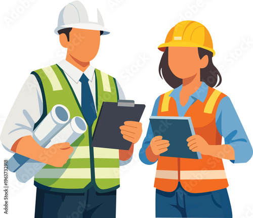 Two construction workers discussing plans on a job site