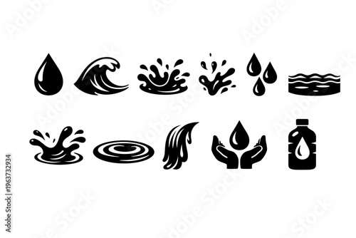 Collection of black and white water icons representing various liquid elements and actions