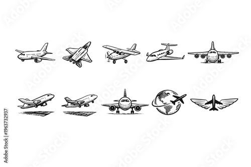 Collection of hand-drawn airplane illustrations in various styles and poses