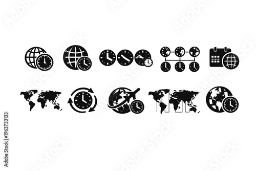 Global time zones and world map icons representing travel and scheduling