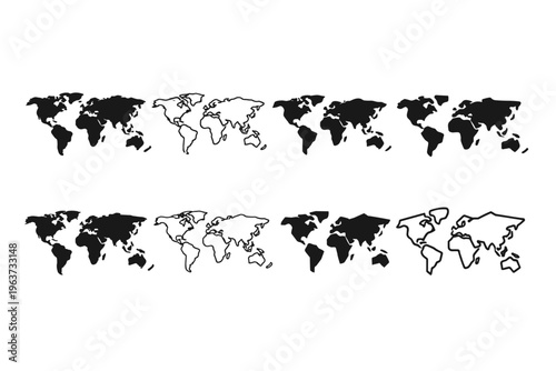Collection of simple world map icons, both filled and outline styles