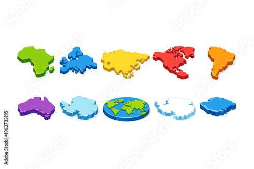 Collection of colorful 3D isometric world continents and globe illustrations
