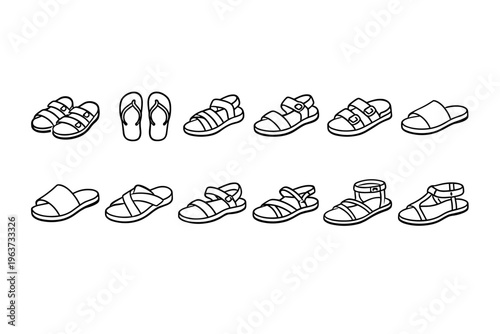 Collection of diverse summer footwear styles including sandals and flip-flops