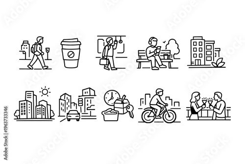Collection of simple line art icons depicting urban life and daily activities