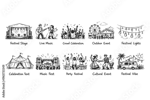 Collection of hand-drawn illustrations depicting various festival scenes and activities