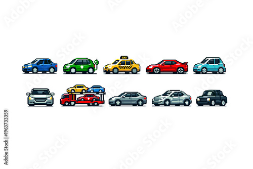 Collection of pixel art vehicles including cars, taxi, and car carrier truck