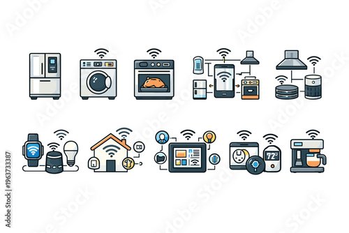 Smart home appliances icons collection showing connectivity and automation in a modern household