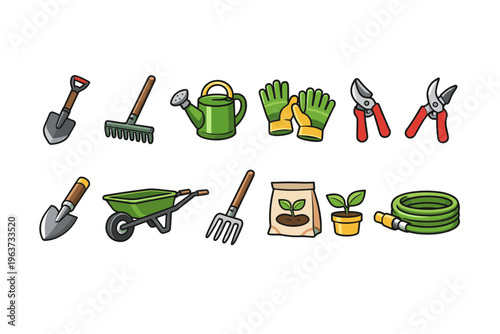 Collection of colorful cartoon gardening tools and supplies for planting
