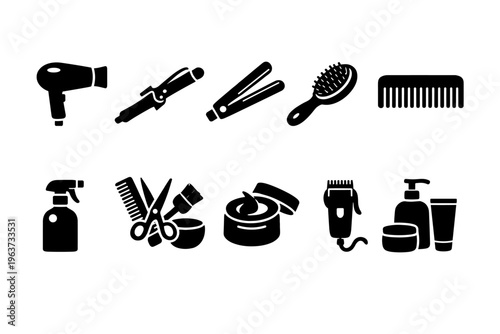 Stylish collection of black and white hairdressing tools and accessories