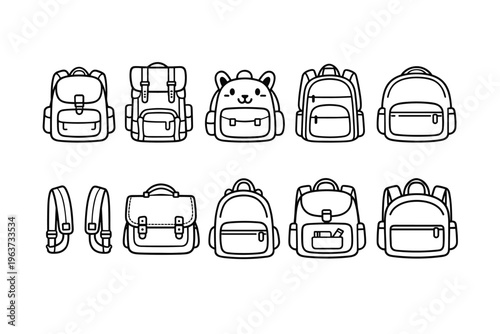 Collection of various backpack and satchel icons in a simple outline style