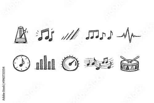 Collection of hand-drawn musical icons and symbols representing rhythm and sound