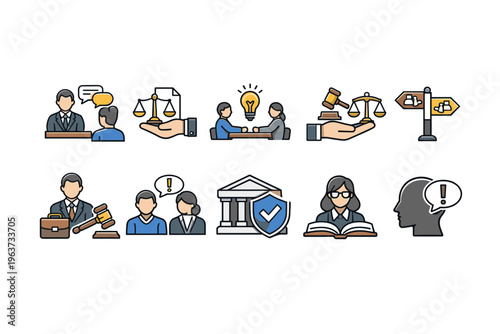 Collection of legal and justice icons representing law and professional services