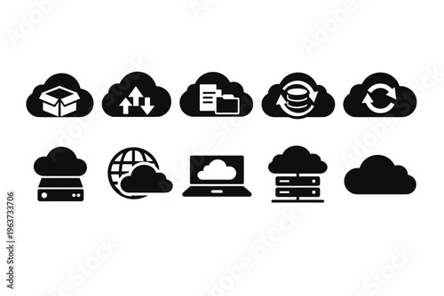 Collection of cloud computing icons representing data storage and transfer services