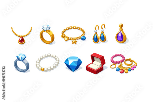 Collection of sparkling jewelry icons including rings, necklaces, and earrings