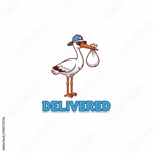 Stork delivering baby in hat.