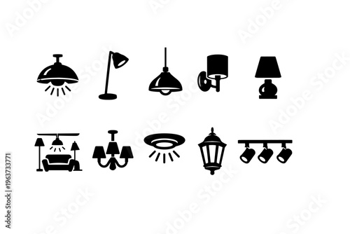 Collection of diverse lighting fixture icons for interior and exterior design concepts