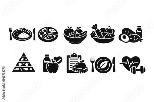 Healthy lifestyle icons depicting balanced diet, nutrition, and fitness activities