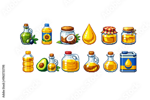 Collection of various cooking oils and ingredients in pixel art style