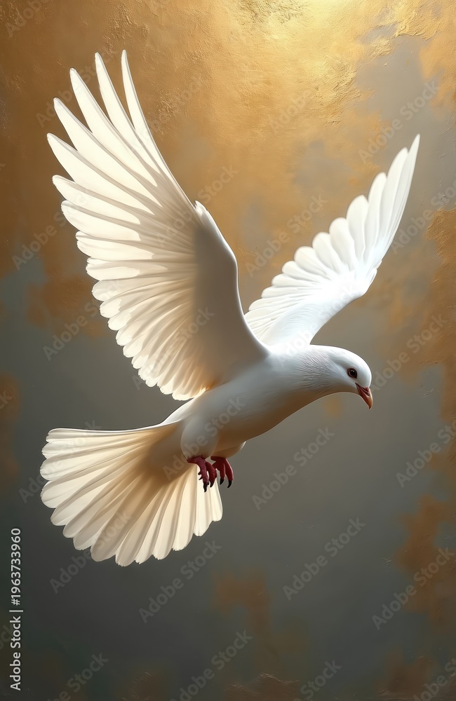 Fototapeta premium White dove with spread wings flies against golden background. Bird symbolizes peace hope, freedom. This elegant creature embodies spirit divine purity, grace. Its flight signifies new beginnings.