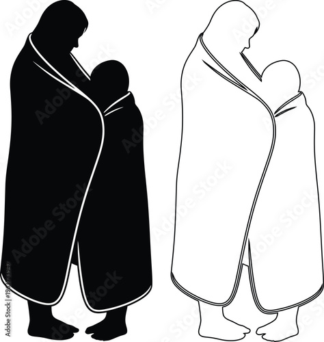 Two Figures Carrying Child In Traditional Clothing Silhouette Style