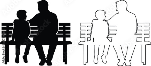 Two Different Illustrations Of Family Sitting On Park Benches