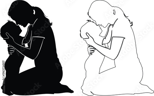 Two people kneeling while comforting each other and a child illustration