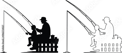 Man teaching child how to fish on dock silhouette style