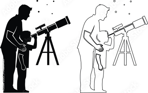 Adult teaching child how to use telescope for stargazing activity